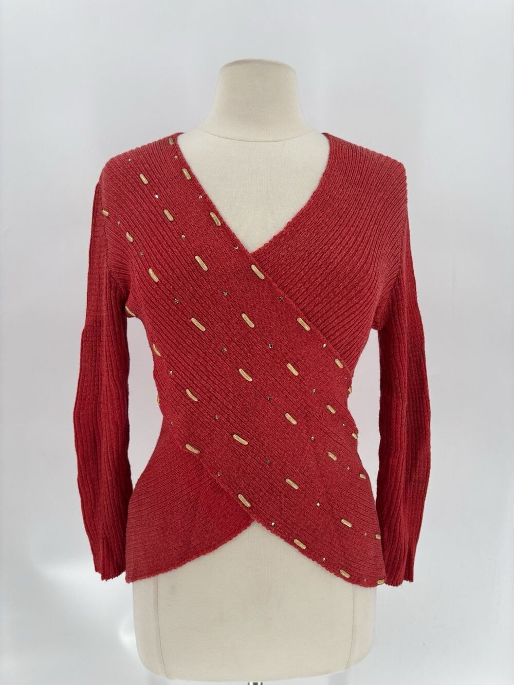 Vintage Red Ribbed Knit Wrap Sweater S Gold Stud Rhinestone Embellished 80s 90s